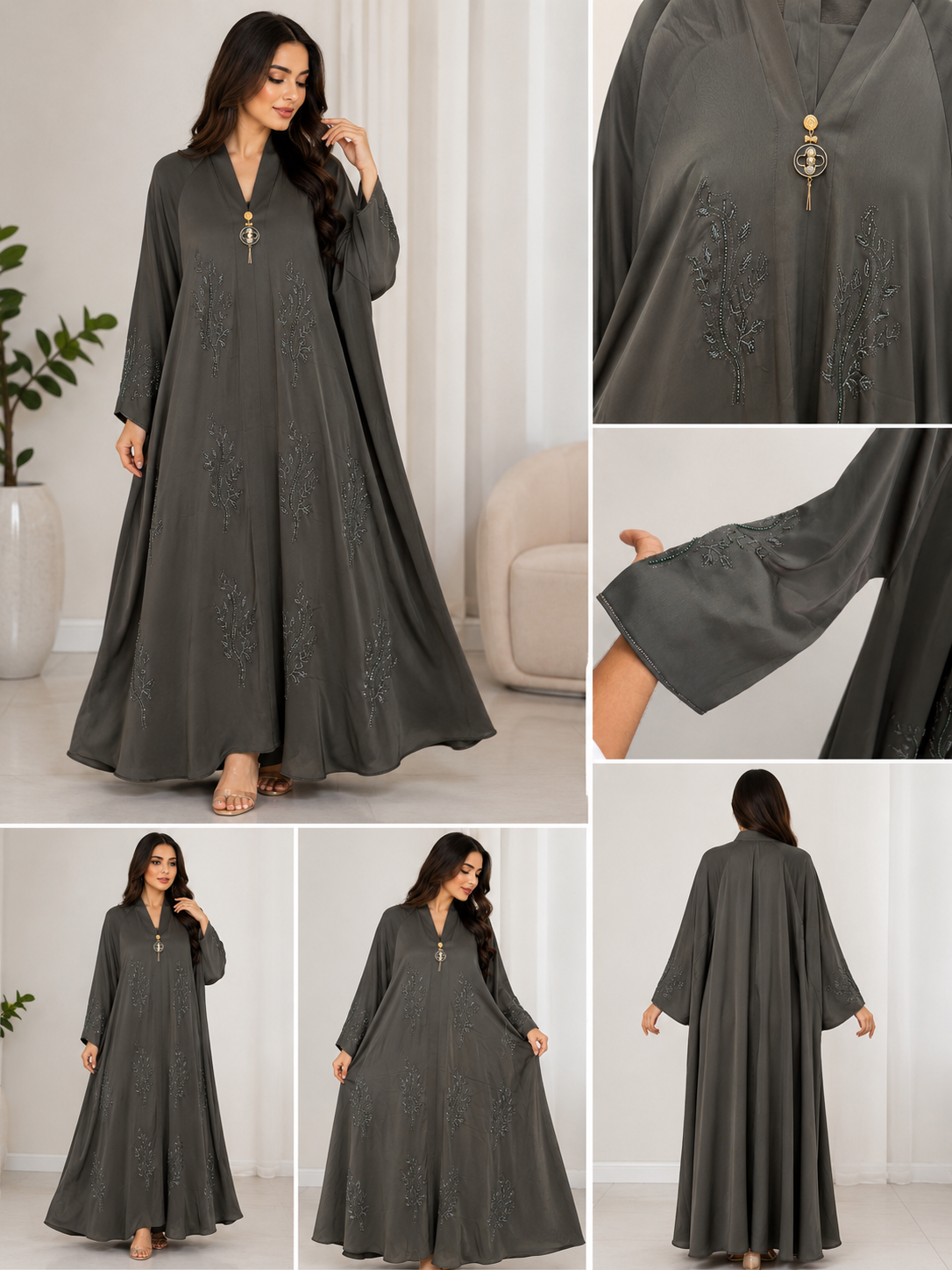 Luxury Embellished Modest Abaya Dress – Premium Flowing Maxi Kaftan for Women | Dark Grey