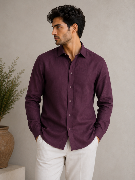 P&B London Premium 100% Pure Linen Shirt for Men – Wine Burgundy | Breathable Long Sleeve Smart Casual Shirt