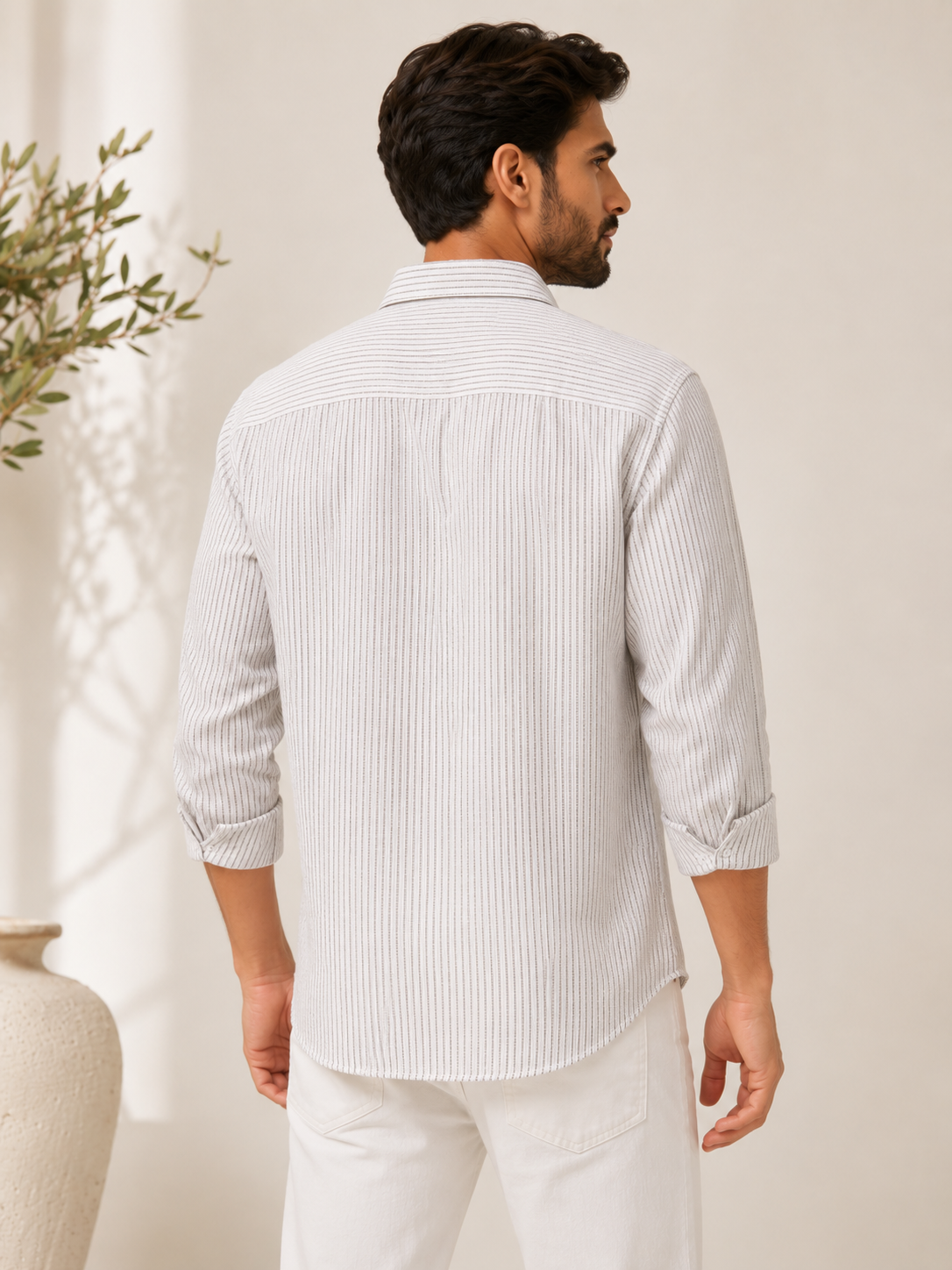Premium Linen Blend Striped Shirt for Men | Natural White & Olive Stripe Long Sleeve Casual Summer Shirt | P&B London