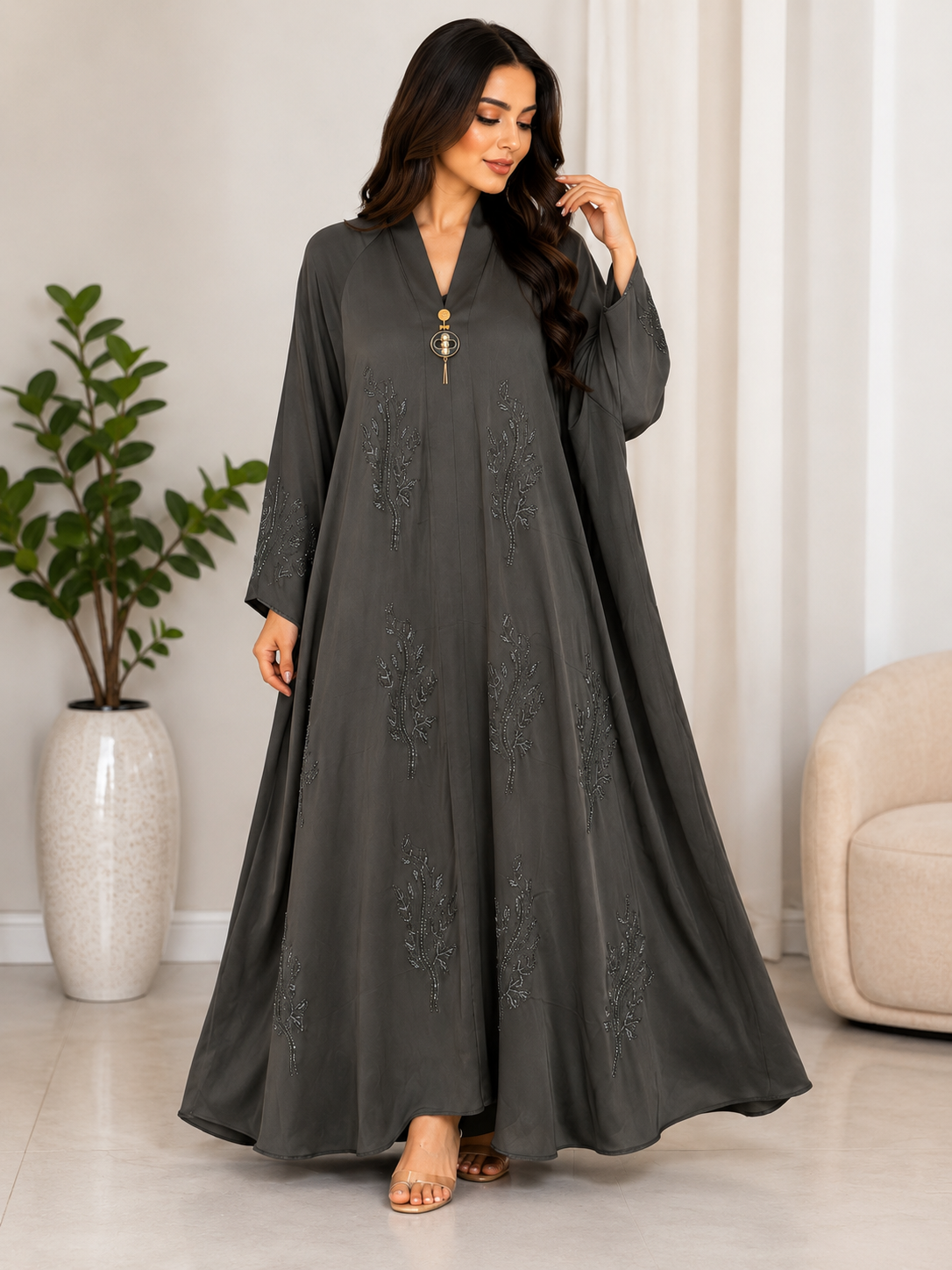 Luxury Embellished Modest Abaya Dress – Premium Flowing Maxi Kaftan for Women | Dark Grey