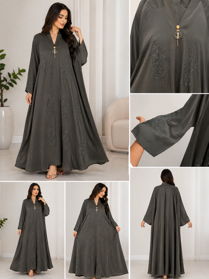 Luxury Embellished Modest Abaya Dress – Premium Flowing Maxi Kaftan for Women | Dark Grey