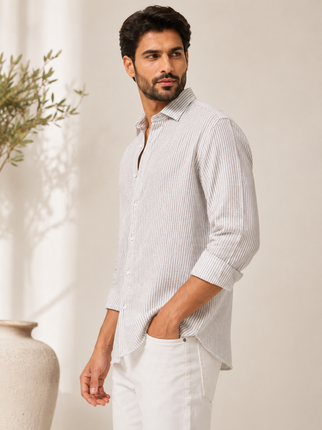 Premium Linen Blend Striped Shirt for Men | Natural White & Olive Stripe Long Sleeve Casual Summer Shirt | P&B London