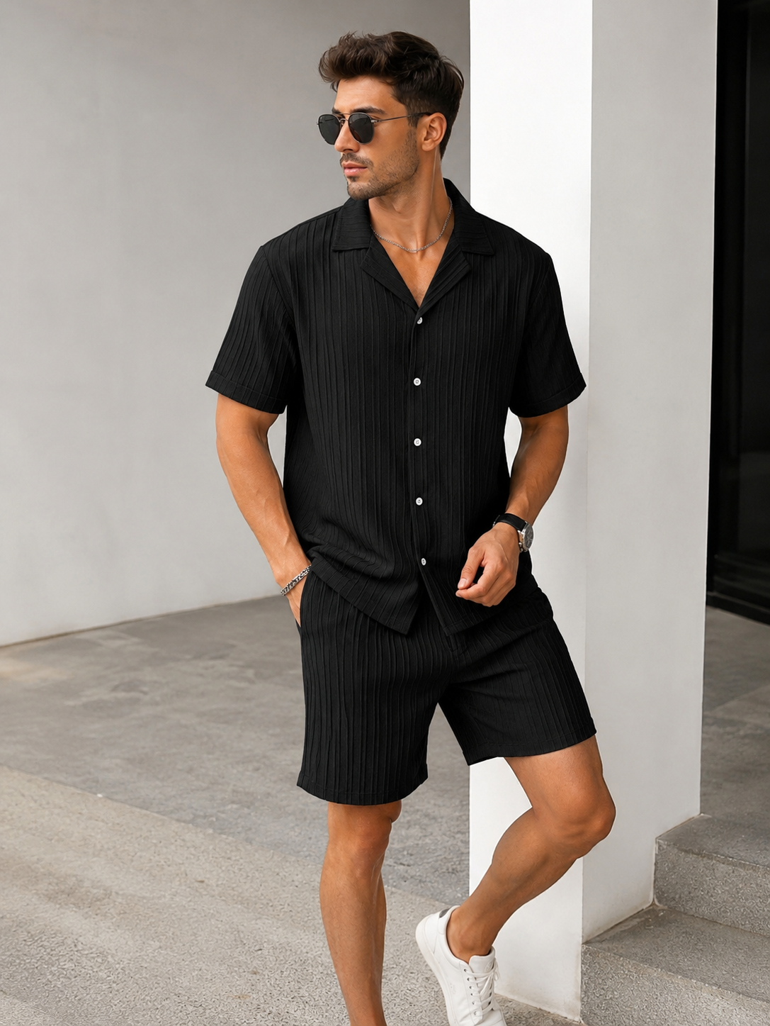Men’s Black 2 Piece Co-Ord Set | Premium Casual Matching Shirt & Shorts Outfit