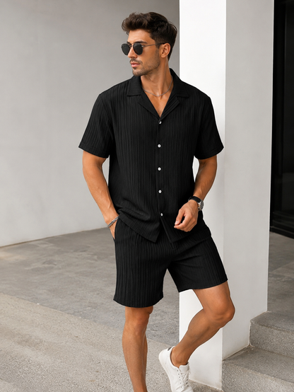 Men’s Black 2 Piece Co-Ord Set | Premium Casual Matching Shirt & Shorts Outfit