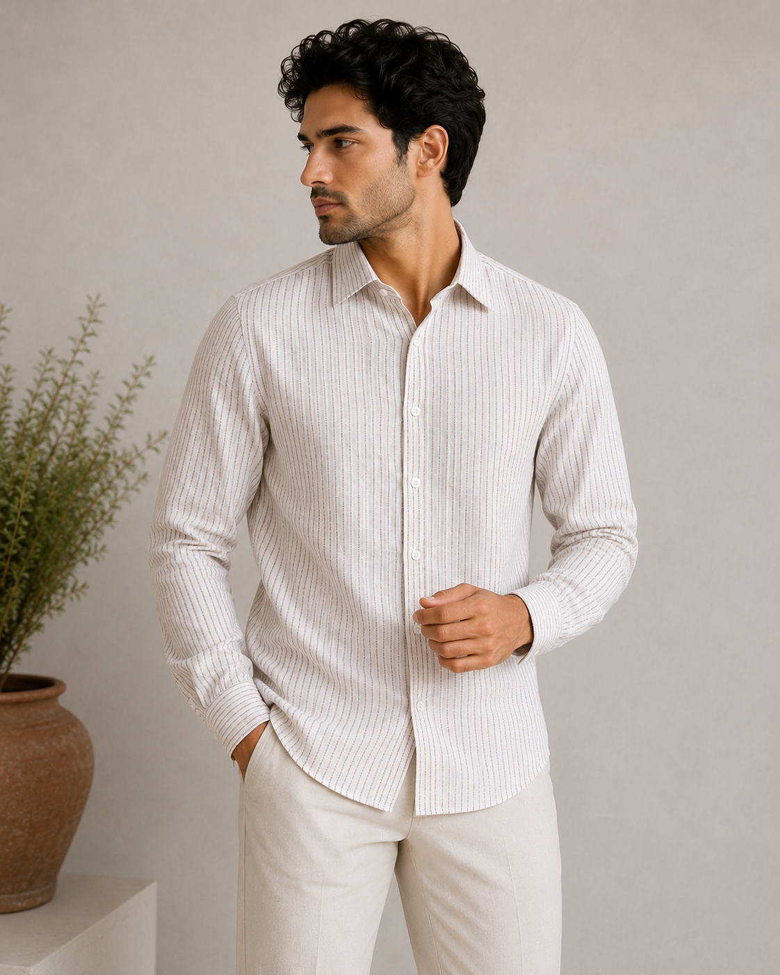 P&B London Premium Striped Linen Blend Shirt – Lightweight Breathable Long Sleeve Men’s Casual Shirt