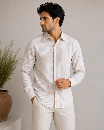P&B London Premium Striped Linen Blend Shirt – Lightweight Breathable Long Sleeve Men’s Casual Shirt