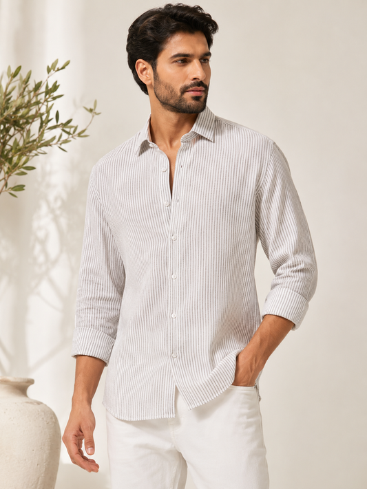 Premium Linen Blend Striped Shirt for Men | Natural White & Olive Stripe Long Sleeve Casual Summer Shirt | P&B London
