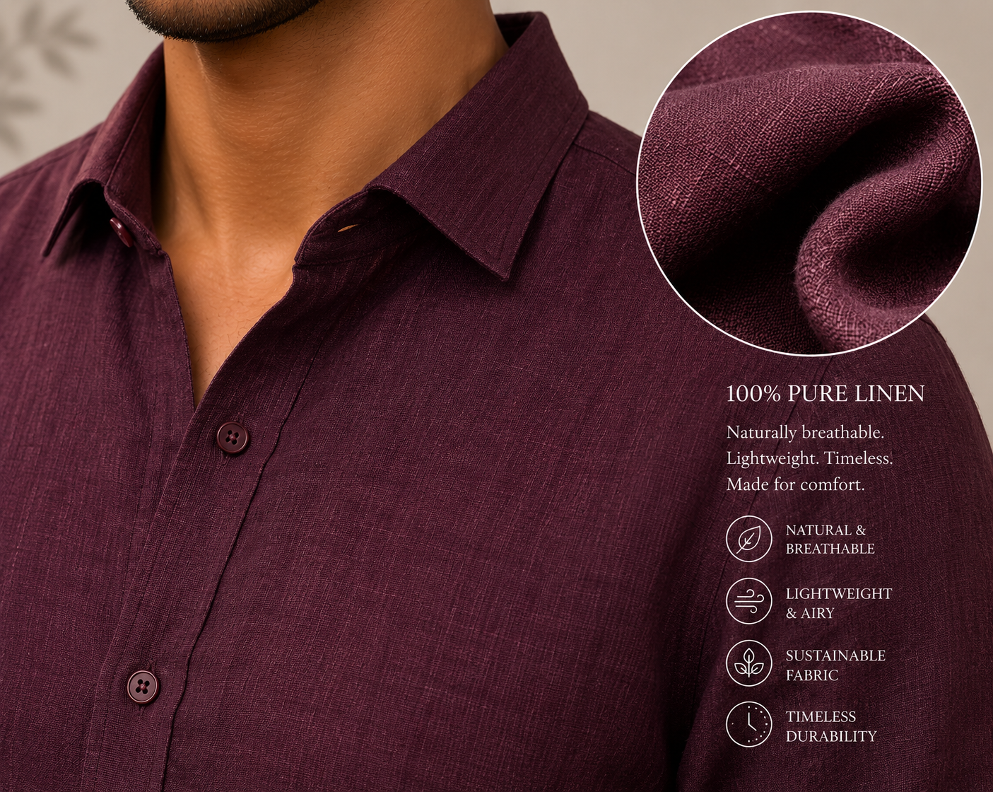 P&B London Premium 100% Pure Linen Shirt for Men – Wine Burgundy | Breathable Long Sleeve Smart Casual Shirt