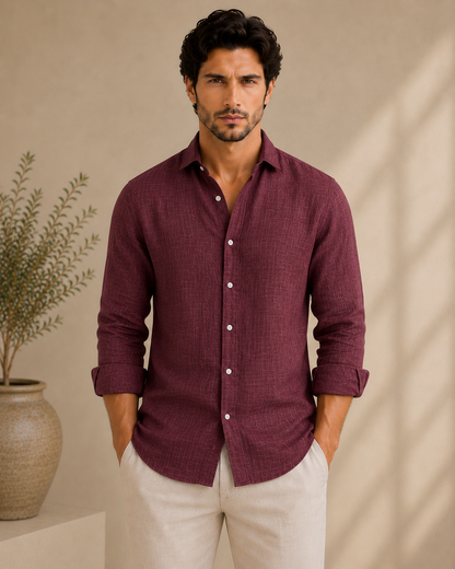 P&B London Premium Linen Blend Shirt – Burgundy Wine | Lightweight Breathable Men’s Summer Shirt