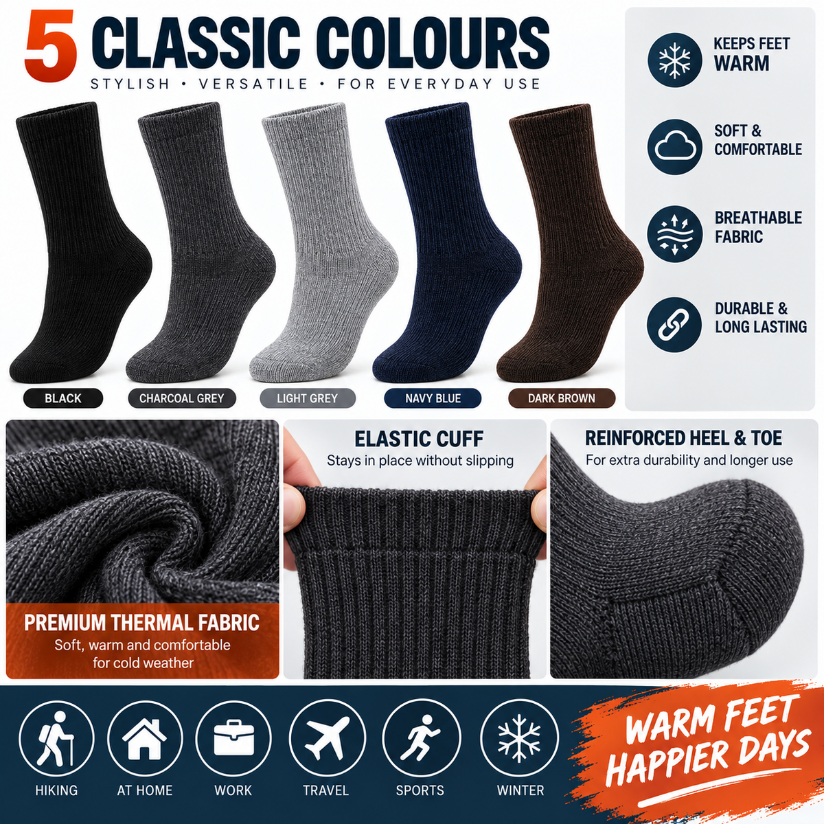 5 Pack Thermal Socks for Men – Warm Winter Thick Crew Socks | Soft & Comfortable Cold Weather Socks