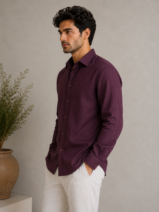 P&B London Premium 100% Pure Linen Shirt for Men – Wine Burgundy | Breathable Long Sleeve Smart Casual Shirt