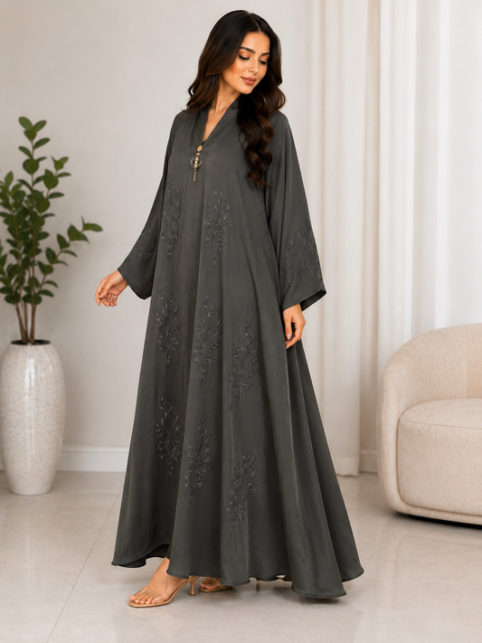 Luxury Embellished Modest Abaya Dress – Premium Flowing Maxi Kaftan for Women | Dark Grey