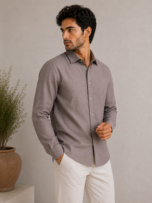 P&B London Premium 100% Linen Shirt for Men – Taupe Brown | Breathable Summer Smart Casual Wear