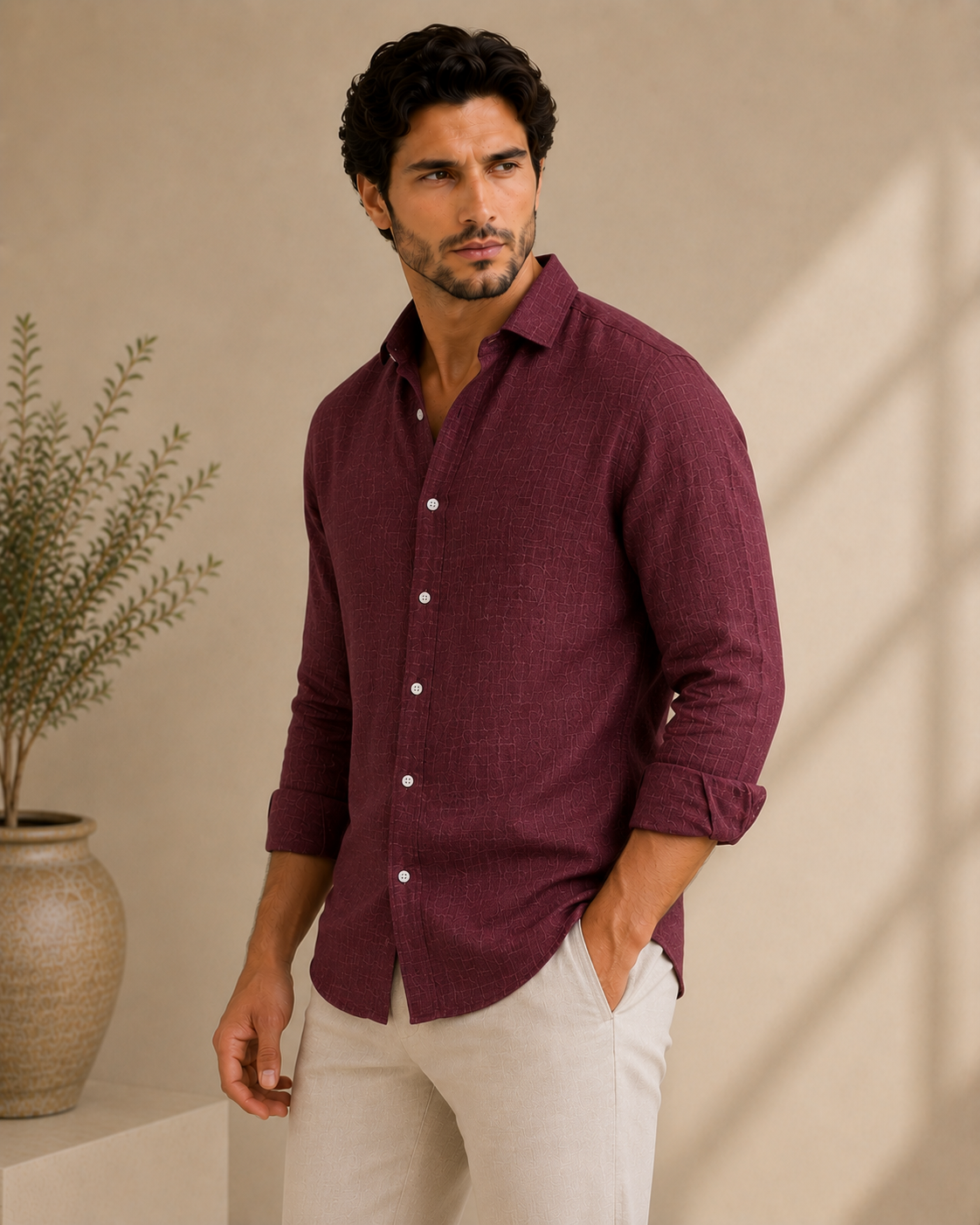 P&B London Premium Linen Blend Shirt – Burgundy Wine | Lightweight Breathable Men’s Summer Shirt