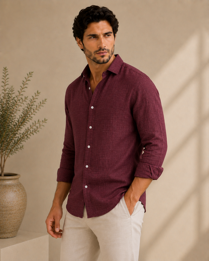 P&B London Premium Linen Blend Shirt – Burgundy Wine | Lightweight Breathable Men’s Summer Shirt