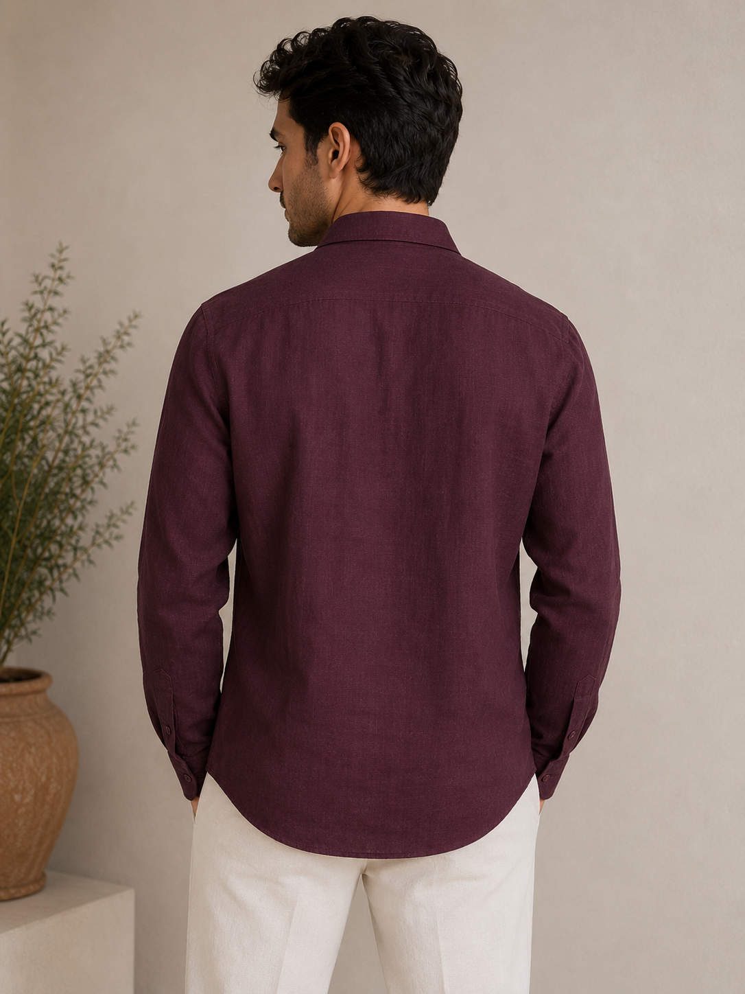 P&B London Premium 100% Pure Linen Shirt for Men – Wine Burgundy | Breathable Long Sleeve Smart Casual Shirt