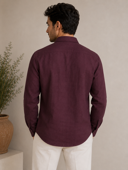 P&B London Premium 100% Pure Linen Shirt for Men – Wine Burgundy | Breathable Long Sleeve Smart Casual Shirt