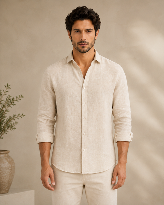 Premium Men's Beige Linen Shirt | Breathable Summer Casual Shirt