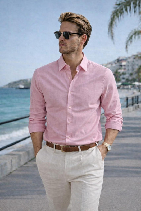 Premium Men’s Pink Linen Shirt – Elegant Summer Casual & Smart Wear