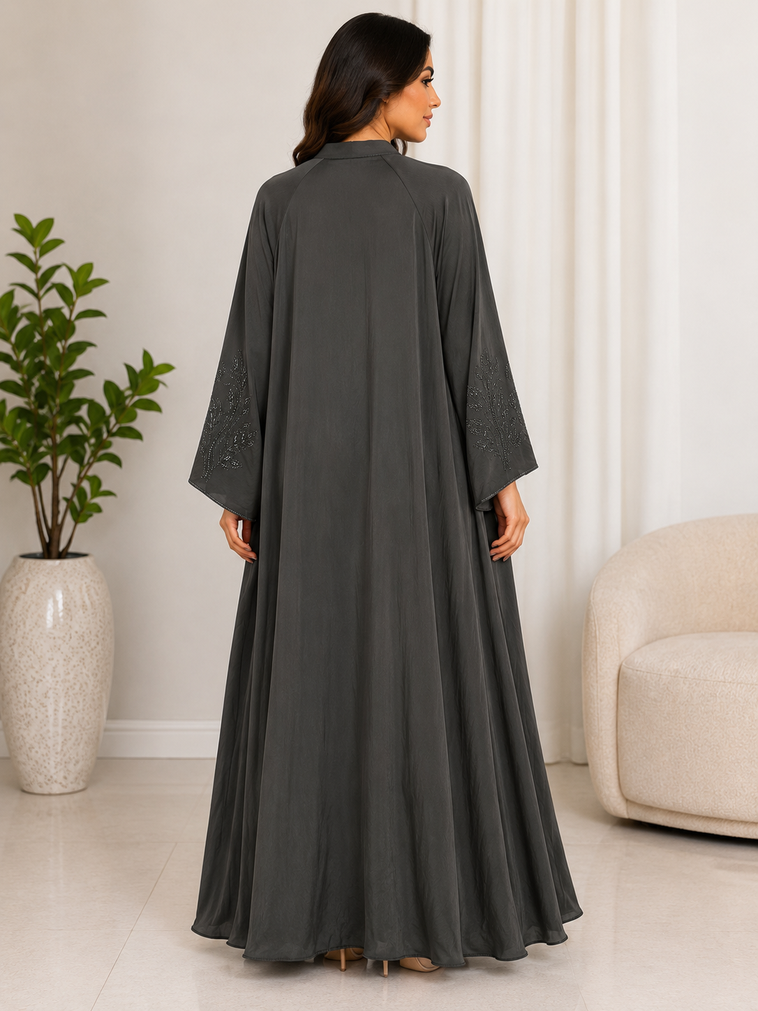 Luxury Embellished Modest Abaya Dress – Premium Flowing Maxi Kaftan for Women | Dark Grey