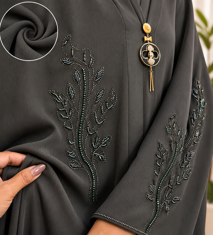 Luxury Embellished Modest Abaya Dress – Premium Flowing Maxi Kaftan for Women | Dark Grey
