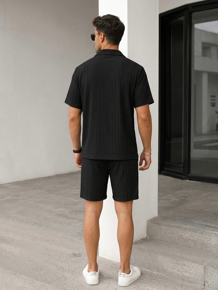 Men’s Black 2 Piece Co-Ord Set | Premium Casual Matching Shirt & Shorts Outfit